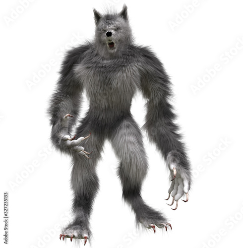 A 3D rendered gray werewolf isolated on a white background. 
