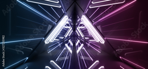 Fototapeta Naklejka Na Ścianę i Meble -  Modern Alien Ship Blue Purple Led Neon Sci-Fi Futuristic Highly Reflective Bright Triangle Shaped Tunnel Empty Corridor With White Tube Lights And Stripes 3D Rendering