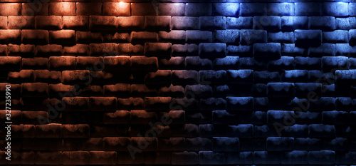 Fototapeta Dark Neon Glowing Led Orange Blue Stone Brick Detailed Wall Closeup Background Retro Modern Classic Pantone 3D Rendering
