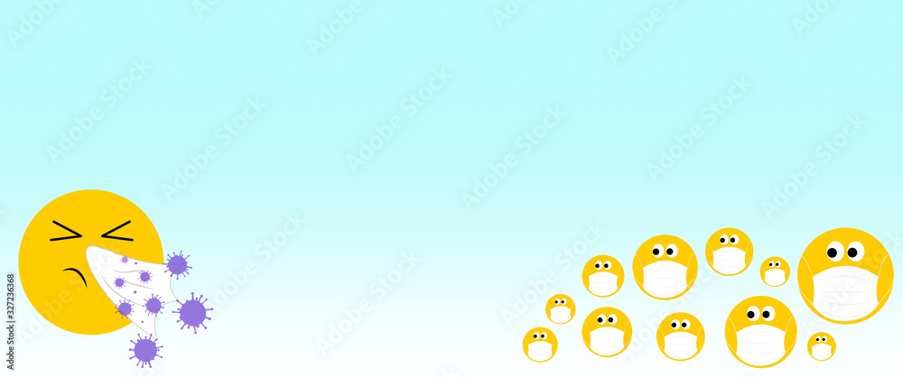 sneezing emoji with virus and community worried with face masks looking on, sprad of flu, virus, coronavirus covid19 concept. Banner with copy space