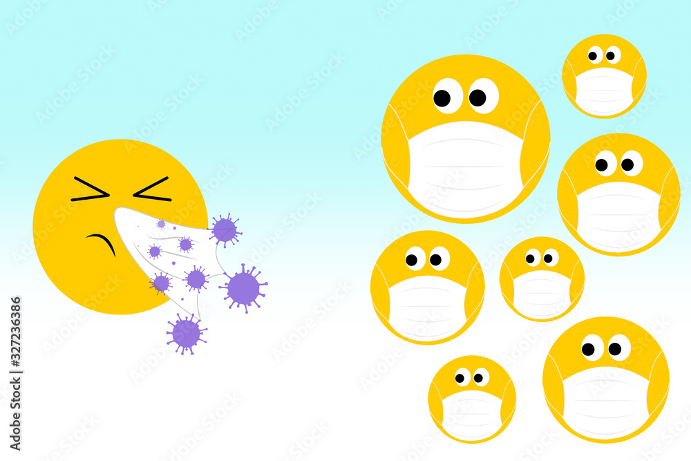 sneezing emoji with virus and community worried with face masks looking on, sprad of flu, virus, coronavirus covid19 concept. sneezing emoji with virus and community worried with face masks looking on, sprad of flu, virus, coronavirus covid19 concept.