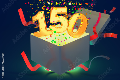 Number 150 inside gift box with confetti and shiny light, 3D rendering photo