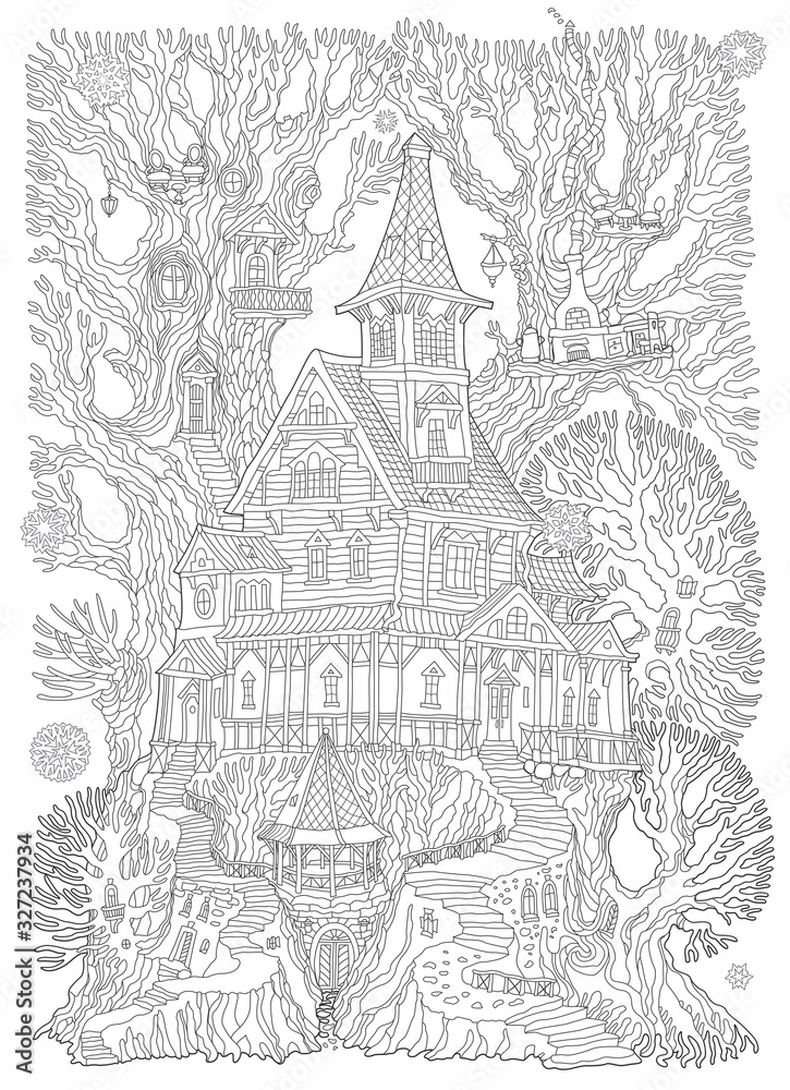 Vector hand drawn fantasy old tree stump with fairy tale house and barbeque gazebo. Coloring book black and white page. Linear contour sketch, Tee-shirt print, greeting card, party invitation