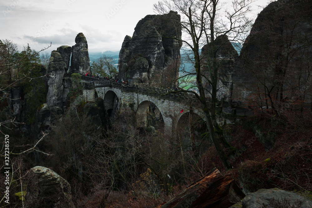 Ancient stone bridge in the area of Bastei, Germany. Beautiful nature screensaver