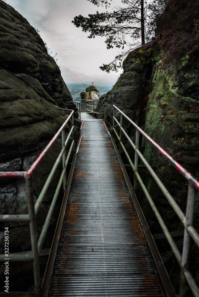 Picturesque footbridge in Bastei, Germany. Beautiful nature screensaver