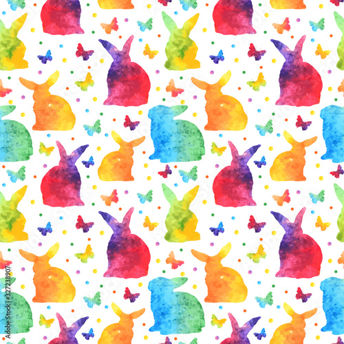 Colorful watercolor seamless pattern with cute rabbits and butterflies isolated on white background. vector eps10