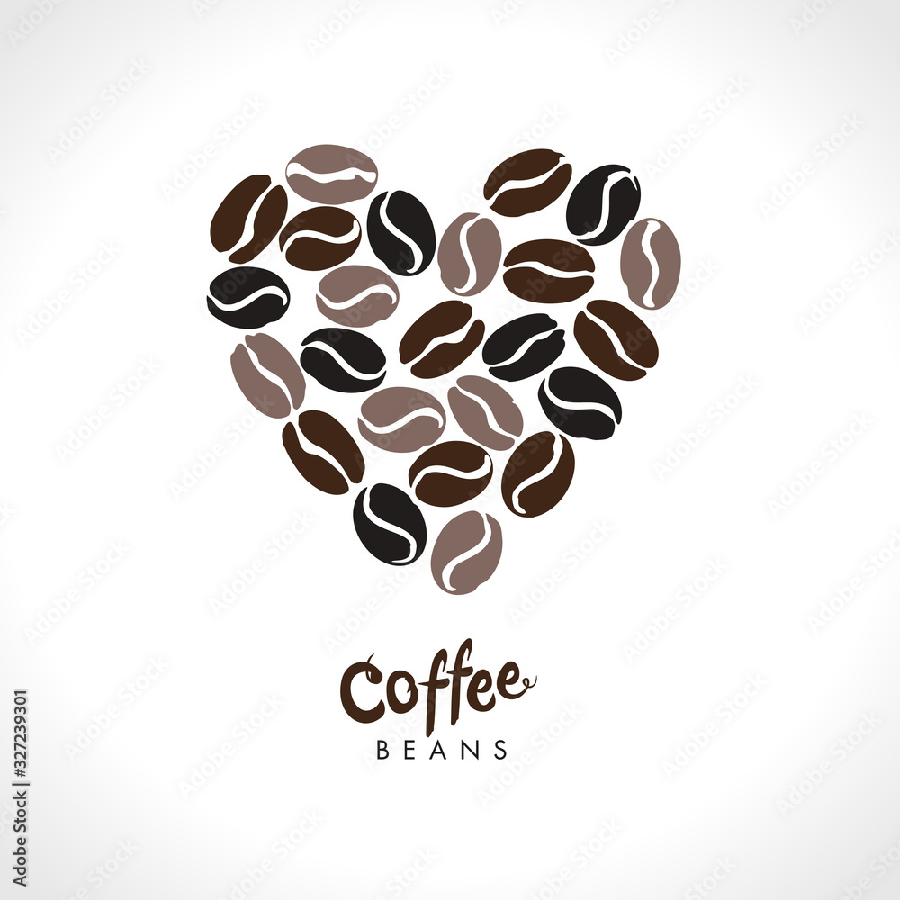 Obraz premium Coffee heart vector logo. Coffee beans different degrees of coffee roasting. Flat vector template for coffee shop.