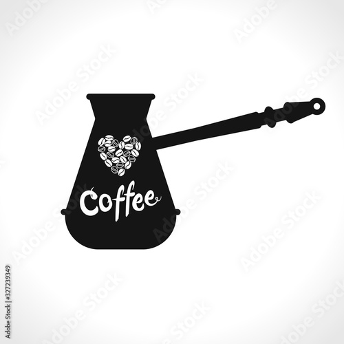 Silhouette of a turk for brewing coffee. Flat vector template of black turk with handwritten inscription Coffee and heart made from coffee beans. Flat vector template for coffee shop.