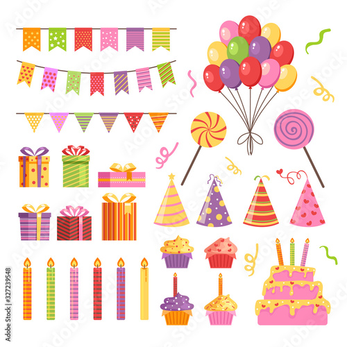 Happy birthday party icon element isolated set. Vector flat graphic design illustration