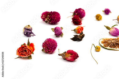 Herbal tea ingredients on a white background