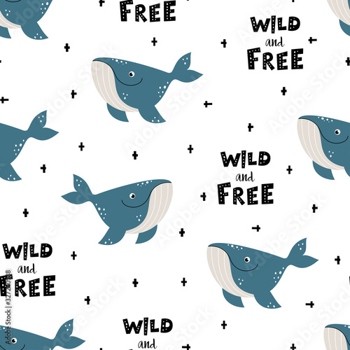 seamless pattern with whales in scandinavian style