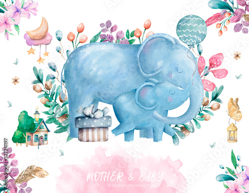 Hand drawn cute isolated tropical summer watercolor elephant animals. baby and mother cartoon animal illustrations, jungle tree and leaves, brazil trendy design. photo