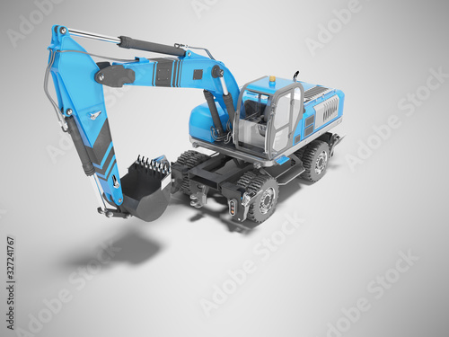 Blue hydraulic wheeled excavator perspective view 3D rendering on gray background with shadow