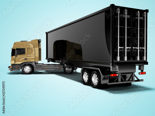 3D rendering of tractor unit with black trailer rear view on blue background with shadow