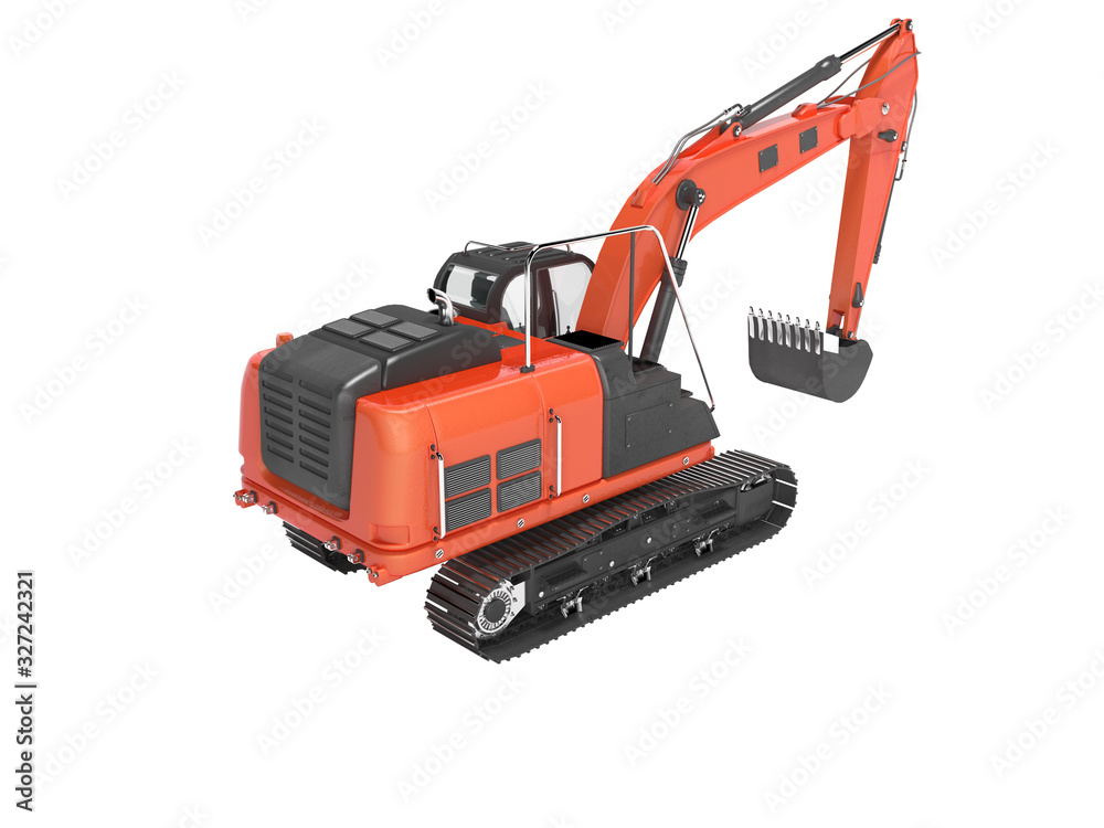 3D rendering red crawler excavator rear view on white background no shadow