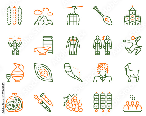 Georgia color linear icon set. Georgian culture, food and traditions