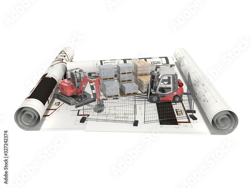 Fototapeta Naklejka Na Ścianę i Meble -  3d rendering concept of building plot in the drawings with construction equipment on white background no shadow