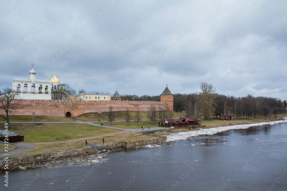 View of the embankment of the Volkhov River, Veliky Novgorod, Russia