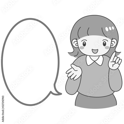 モノクロ　説明する　女の子　フキダシ付き　シンプル　可愛い