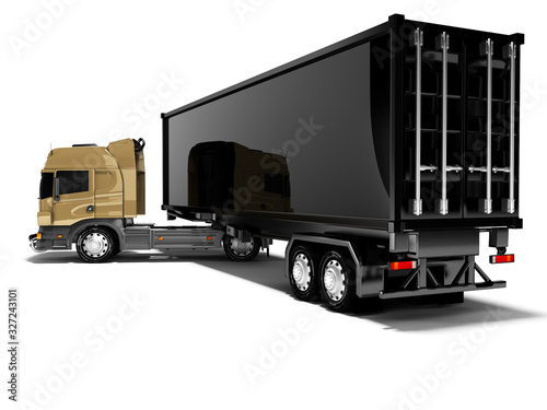 3D rendering of tractor unit with black trailer rear view on white background with shadow