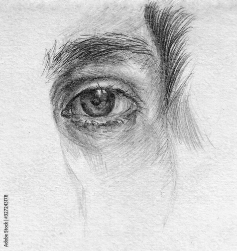 Close-up picture of the human eye. Pencil drawing on white paper.