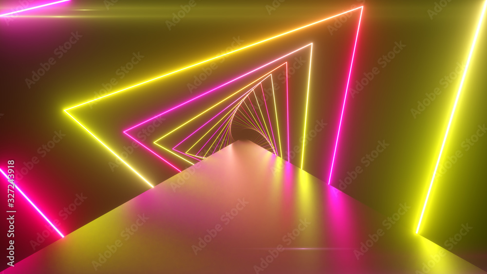 Flying through glowing rotating neon triangles creating a tunnel, blue red pink violet spectrum, fluorescent ultraviolet light, modern colorful lighting, 3d illustration