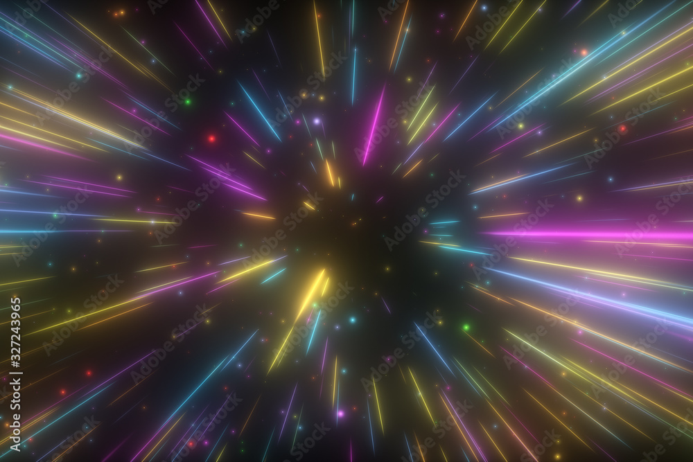 Cosmic hyperspace background. Speed of light, neon glowing abstract rays and stars in motion. Moving through stars. 3d illustration Cosmic hyperspace background. Speed of light, neon glowing abstract rays and stars in motion. Moving through stars. 3d illustration