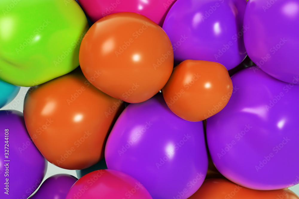 Abstract multicolored squishy balls move and interact with each other with internal pressure trying to find a place for themselves. Abstract multicolored squishy balls move and interact with each other with internal pressure trying to find a place for themselves.