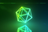 Abstract neon polygon rotating shape. Modern green color spectrum light. 3d illustration