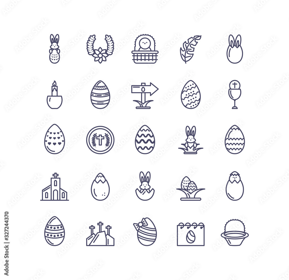 cute rabbits and happy easters icons set, line style design