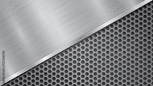 Background in silver and gray colors, consisting of a perforated metallic surface with holes and one big polished plate located in diagonal, with a metal texture, glares and shiny edge