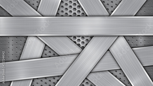 Background in silver and gray colors, consisting of a perforated metallic surface with holes and several randomly arranged intersecting polished plates with a metal texture, glares and shiny edges
