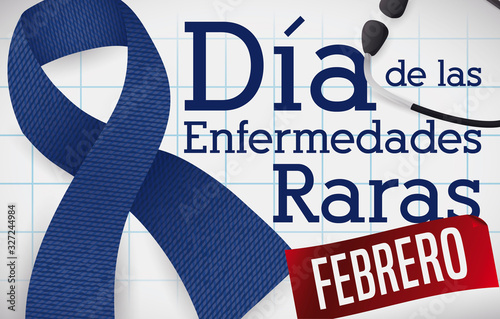 Denim Ribbon, Calendar and Stethoscope for Spanish Rare Disease Day, Vector Illustration