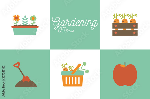 5 gardening flat style icon set vector design