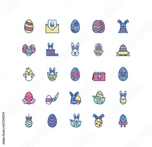 happy easter and cute rabbits icon set, line style andcolorful design photo