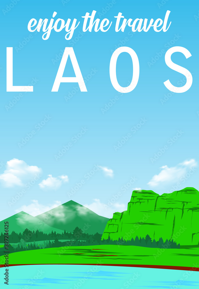 Flat Illustration. Awesome nature view on lake and valley, Laos. Enjoy the travel. Around the world. Quality vector poster.
