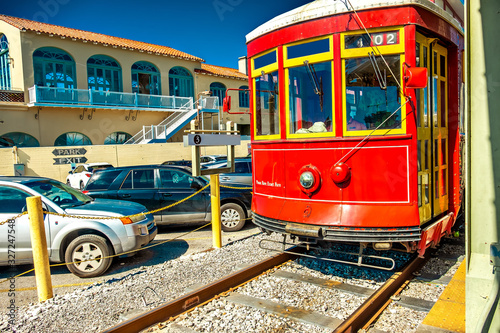 Photography Red Street Car in New Orleans Louisiana on the edge of the french quarter