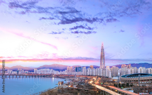 Seoul City at Sunrise and han river South Korea