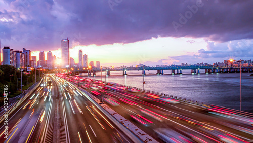  Traffic at Sunset of Seoul City South Korea