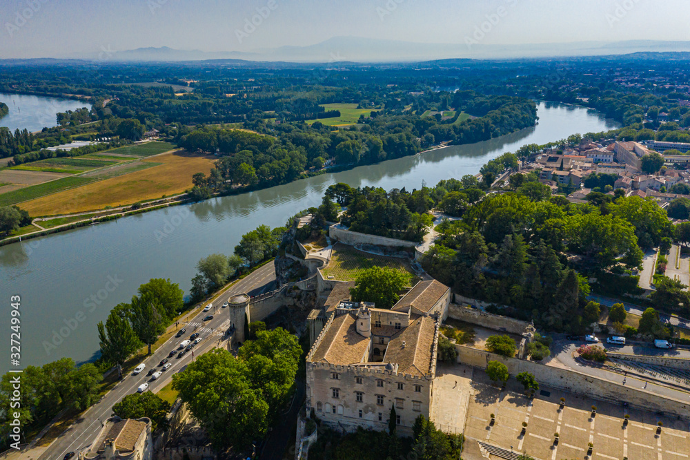 Aerial landscape of Rhone river and Avignon city in summer
