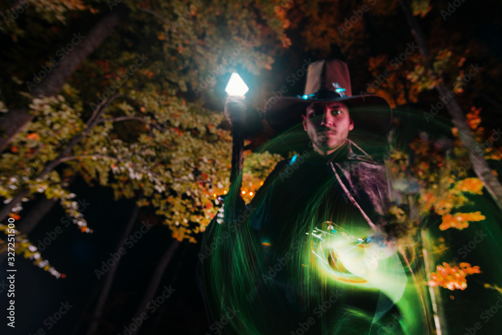 Wizard (mage) casting a spell with his magical staff while standing in ...