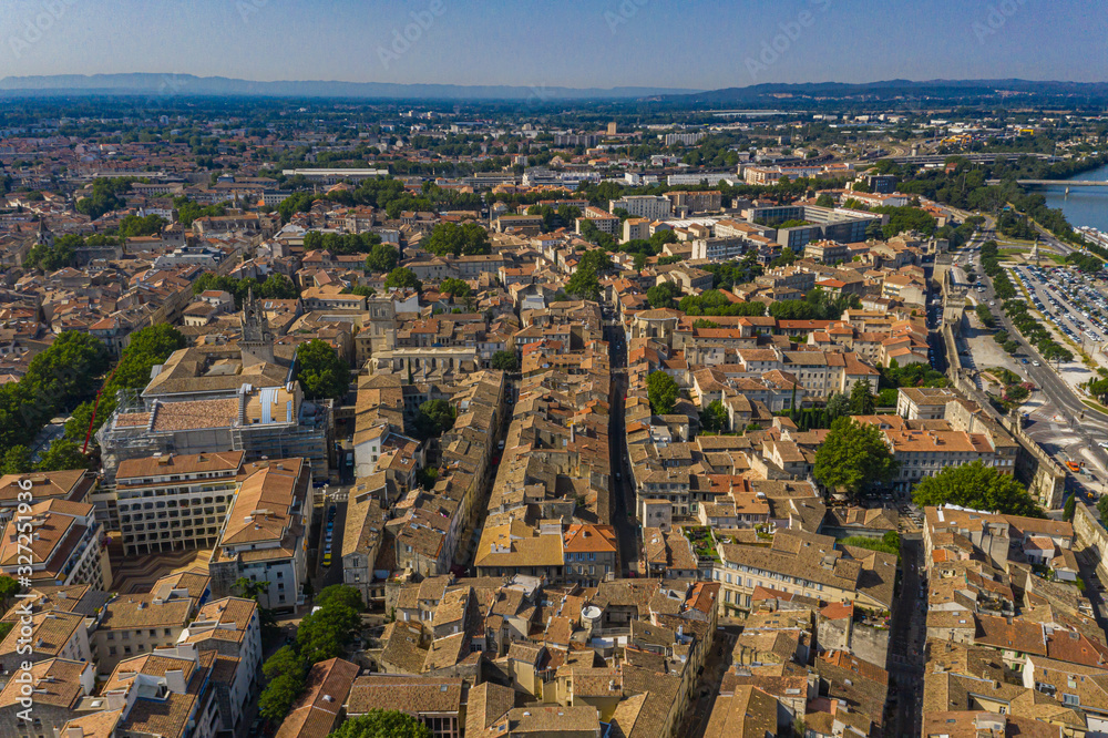 Aerial townscape view of Avignon historical city in summer time