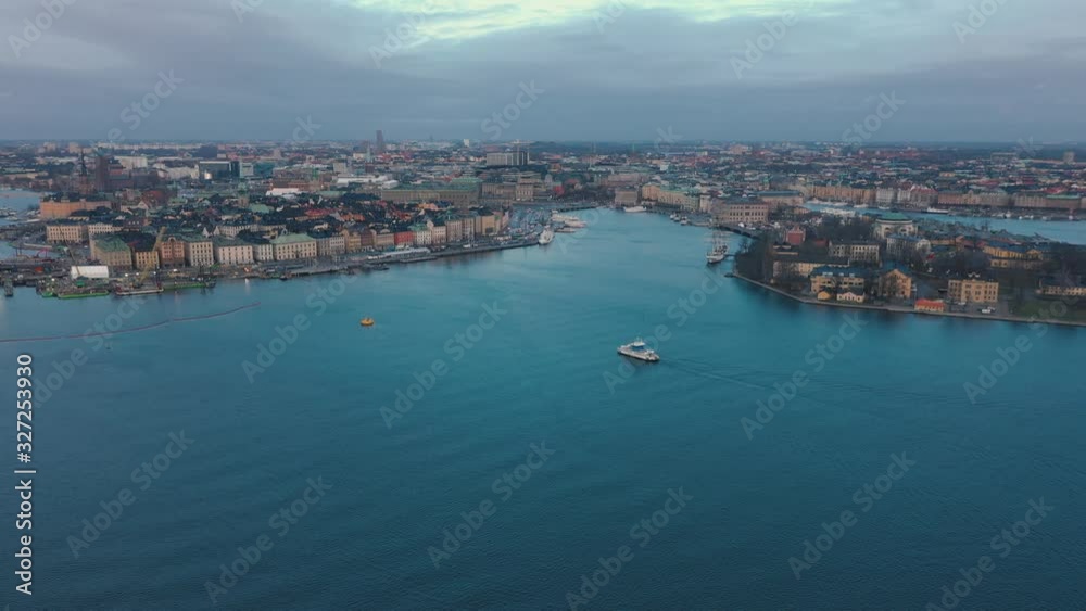 STOCKHOLM, SWEDEN - FEBRUARY, 2020: Aerial view of Stockholm old town. Flying over the bay.