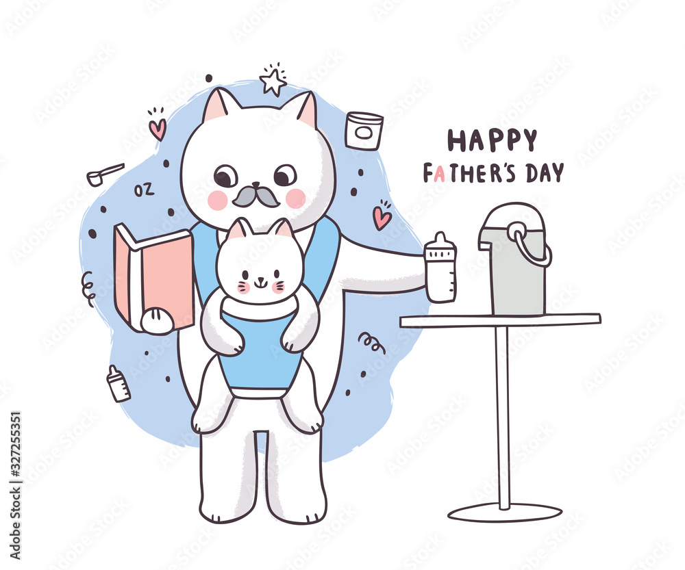 Cartoon cute Father's day, Father and baby cat feed milk vector.