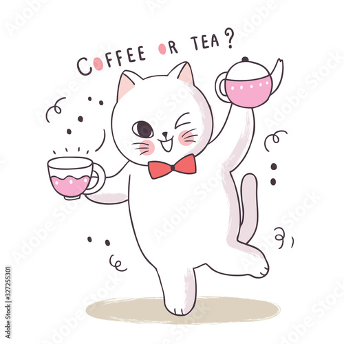 Cartoon cute adorabe cat and coffee or tea vector.