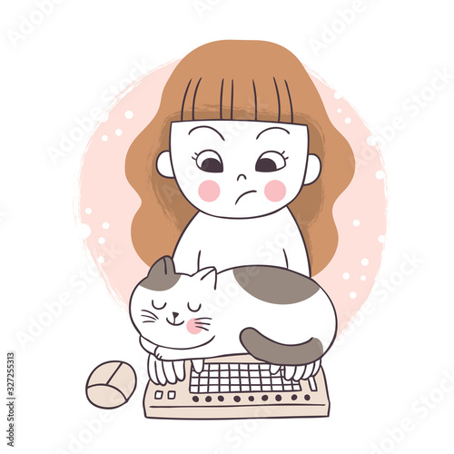 Cartoon cute woman and cat sleeping on keyboard vector.