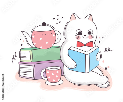 Cartoon cute  book day, Cat reading books and coffee cup vector.