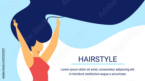 Hairstyle Horizontal Banner, Cheerful Woman with Long Dark Hair Stand with Hands Up Showing Victory Gestures, Hairdressing Salon Advertising Poster, Flyer Template, Cartoon Flat Vector Illustration