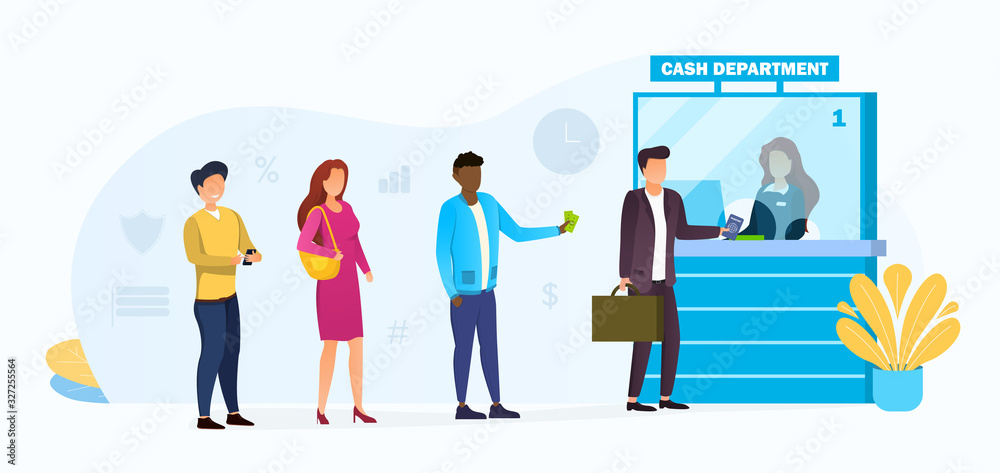 People queuing at a bank for a cashier in the cash department in a financial concept, vector illustration