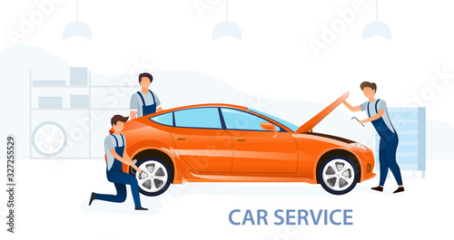 Team of mechanics servicing a colorful orange vehicle in a workshop or service garage changing a wheel and working under the hood, vector illustration